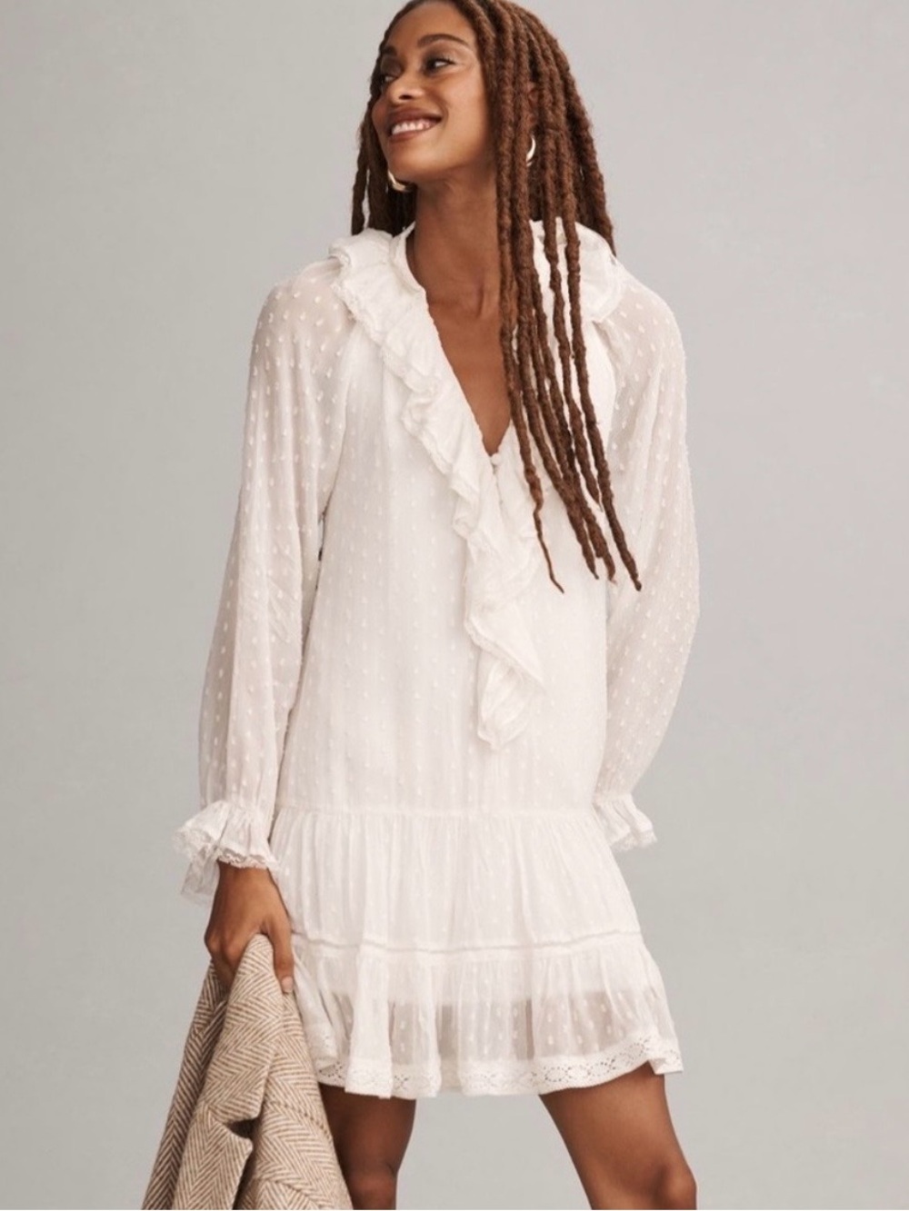 Anthropologie Cream Ruffled V-Neck Swiss Dot Long-Sleeve Mini Dress